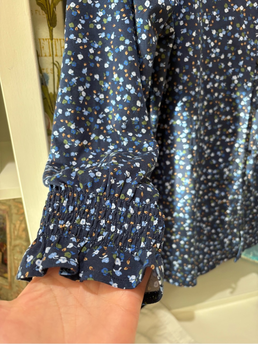 Lands' End Navy Blue Floral 3/4 Sleeve Lightweight Jersey Button Front Top M - Picture 5 of 11